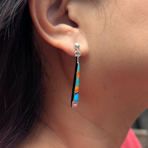 Handcrafted Navajo Sterling Silver Multi Stone Inlay Drop Earrings Jewelry ** - Picture 3 of 10